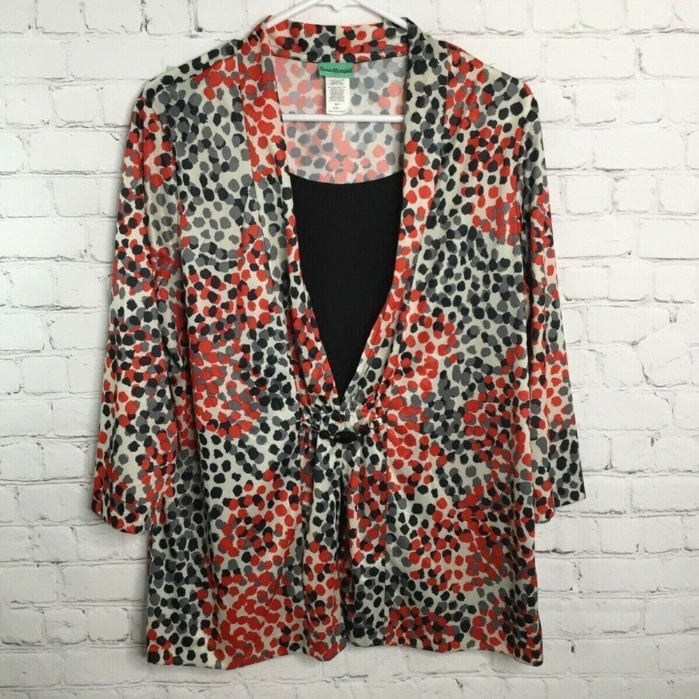 Sara Morgan Red/Black/Grey 3/4 Sleeve Blouse Women L Guatemala 100% Polyester